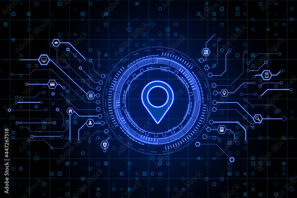 Poster Creative glowing map pin icon on dark blue background with digital circuit. Internet, gps and location concept. 3D Rendering.