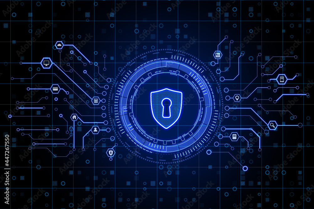 Poster creative glowing lock icon on dark blue background. web safety and security concept. 3d rendering.