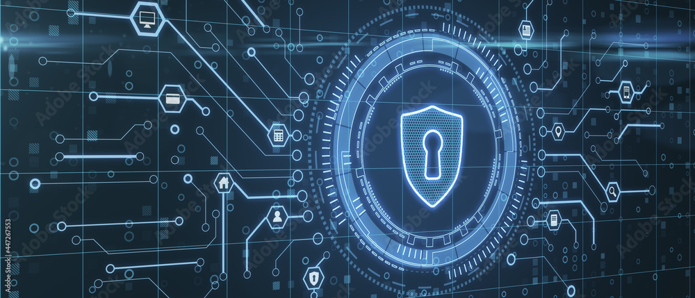Poster Cyber security concept with digital glowing shield icon with keyhole surrounded by microcircuit details on abstract dark background