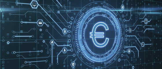 Wide glowing euro sign on dark blue background with circuit. Online banking and currency concept. 3D Rendering.