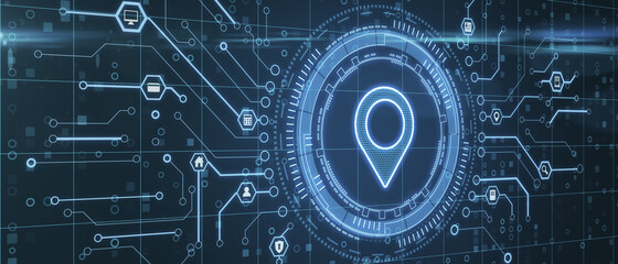 Wide glowing map pin icon on dark blue background with digital circuit. Internet, gps and location concept. 3D Rendering.