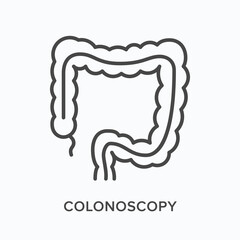 Colonoscopy flat line icon. Vector outline illustration of digestive system. Black thin linear pictogram for endoscope research