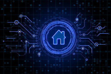 Smart home concept with glowing blue home symbol in abstract technological circle on dark digital backdrop