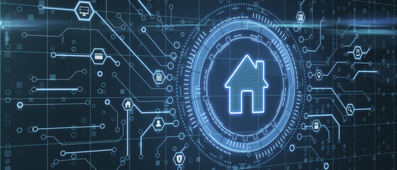 Creative glowing house icon on dark background with circuit. Remote control and smart home concept. 3D Rendering.