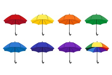 Vector set of 7 umbrellas of all colors of the rainbow and one multi-colored. Use for design, concept, print. EPS10