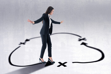 Young european businesswoman with arrows walking in circles on concrete background. Success, leadership, choice, loop and direction concept.