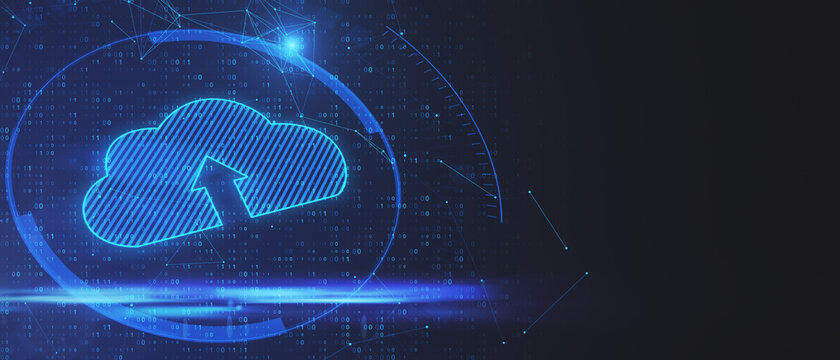 Creative glowing clouds icon on dark blue background with binary code and mock up place. Cloud computing concept. 3D Rendering.