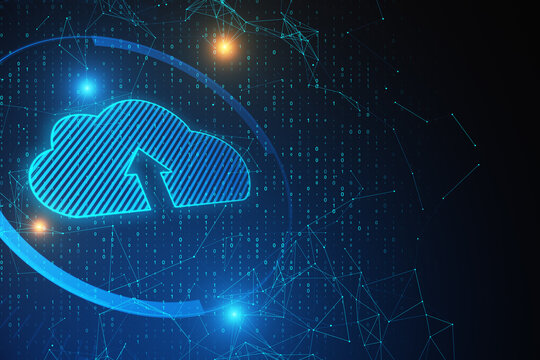 Creative glowing clouds icon on dark blue background with binary code and mock up place. Cloud computing concept. 3D Rendering.