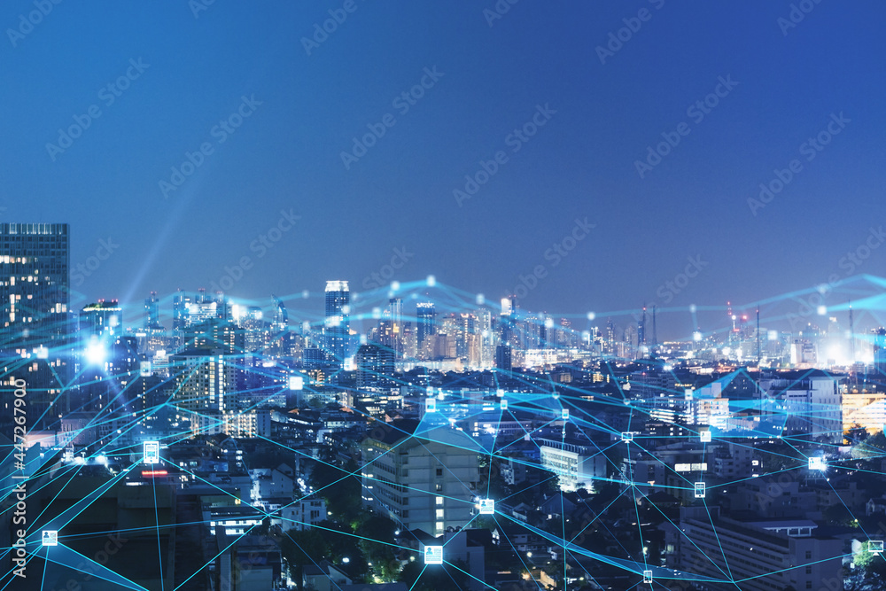 Aufkleber abstract glowing polygonal mesh on dark night city background with mock up place for your advertisem