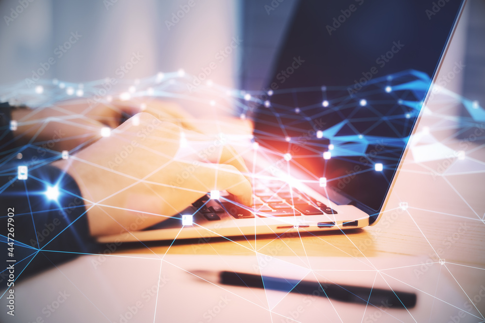 Poster close up of hands using laptop with creative glowing polygonal mesh on blurry outdoor background. in
