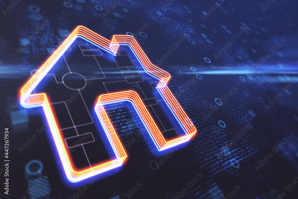 Aufkleber Abstract glowing house icon on blurry background with circles. Smart home and remote control concept. 3D Rendering.