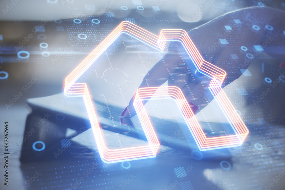 Poster Close up of hand using tablet with creative glowing house icon on blurry background with circles. Smart home and remote control concept. Double exposure.