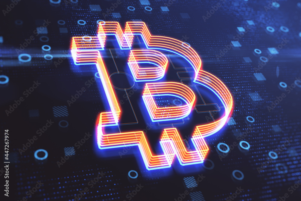 Poster Creative glowing bitcoin icon on blurry blue background with circles. Digital banking and cryptocurrency concept. 3D Rendering.