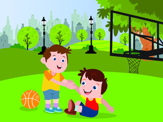 Obraz na płótnie Canvas One boy helps the other kid while playing basketball cartoon 2d vector concept for banner, website, illustration, landing page, flyer, etc.