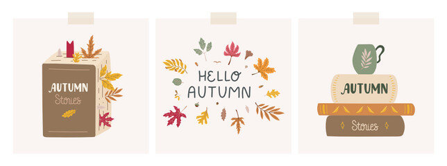 Set of autumn cards with books, lettering and fallen leaves. Doodle style. Pretty, trendy and colorful decorations.