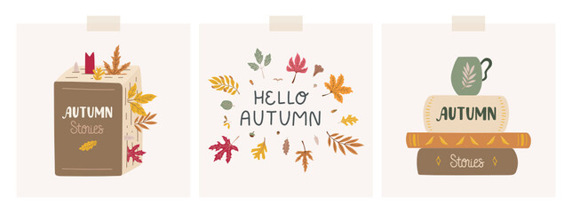 Set of autumn cards with books, lettering and fallen leaves. Doodle style. Pretty, trendy and colorful decorations. © walrus_d