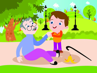 Boy helps elderly man slipped cartoon 2d vector concept for banner, website, illustration, landing page, flyer, etc.