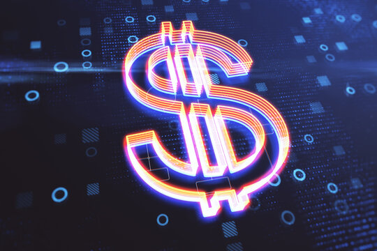 Glowing dollar sign on blurry blue background wigth circles. Futuristic banking concept. 3D Rendering.