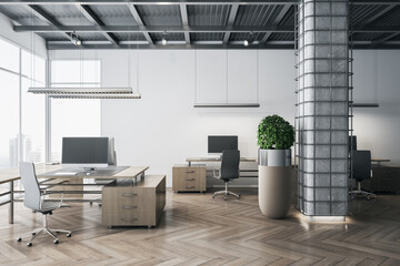 Naklejka na ściany i meble Light office interior with panoramic window and bright daytime city view, furniture and equipment. 3D Rendering.