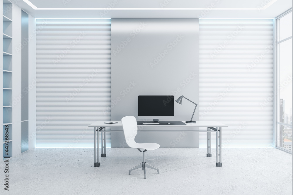 Poster Desk with empty black computer monitor in modern white office interior with daylight and city view. Mock up, 3D Rendering.