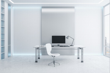 Desk with empty black computer monitor in modern white office interior with daylight and city view. Mock up, 3D Rendering.