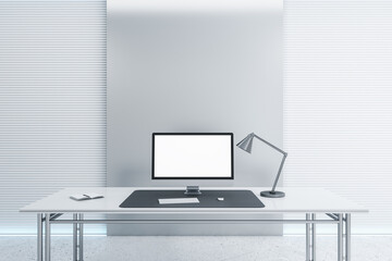 Desk with empty computer monitor in modern white office interior with daylight. Mock up, 3D Rendering.