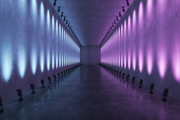 Futuristic style hall for fashion show with purple and blue neon backlights on wall and empty dark concrete floor. 3D rendering, mock up