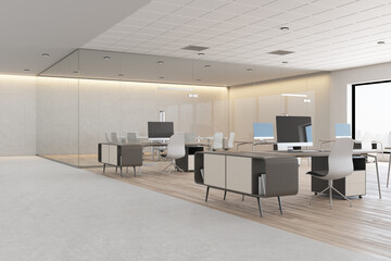 Bright concrete coworking office interior with daylight, furniture and equipment. 3D Rendering.