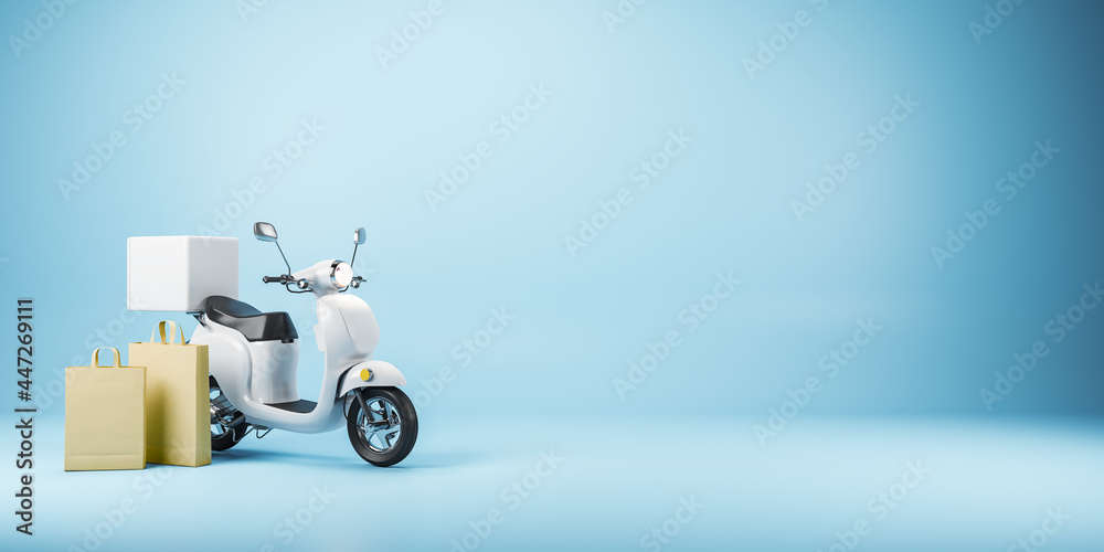 Poster fast delivery by scooter on mobile concept with white motorbike and craft paper bags on blank blue b