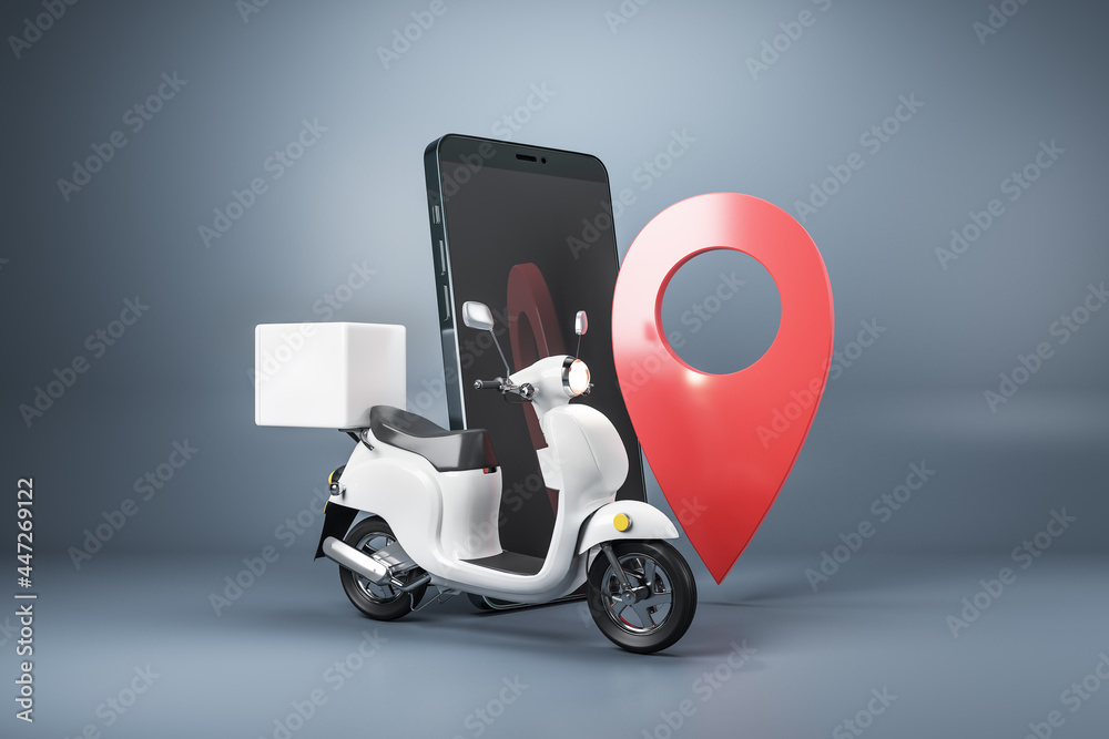 Poster abstract smartphone, scooter and location mark on grey background. delivery service and transportati