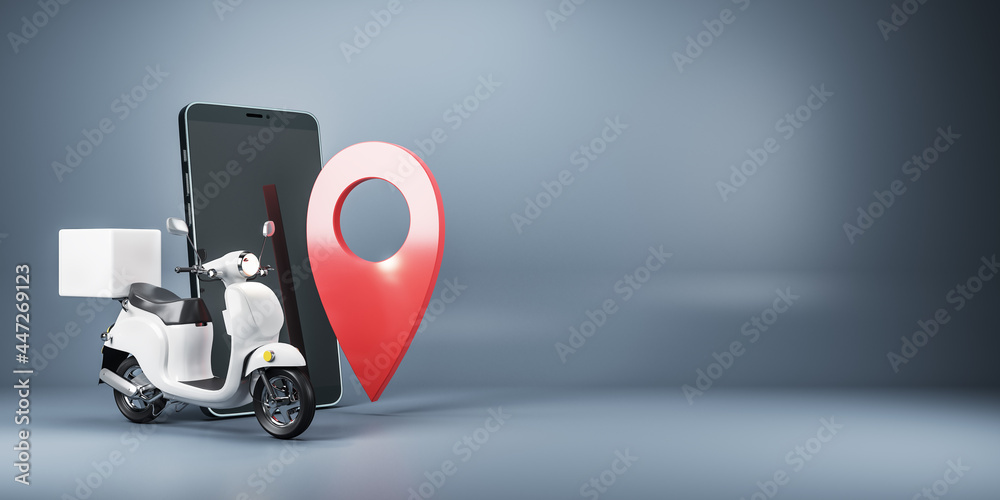 Aufkleber Abstract smartphone, scooter and location mark on grey background with mockup place. Delivery service and transportation concept. 3D Rendering.