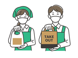 お持ち帰り(テイクアウト)の商品を渡す、マスクをつけた笑顔の店員のベクターイラスト素材／takeout／スーパー／カフェ