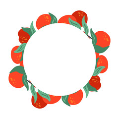 Round frame with nectarine, foliage, stems and place for text. Circle border with summer cartoon sweet berries for the menu. Vector flat template with fruits, leaves and copy space for cards