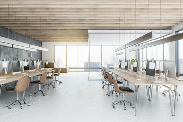 Clean wooden coworking meeting room interior with window and city view, daylight, furniture and equipment. Design concept. 3D Rendering.