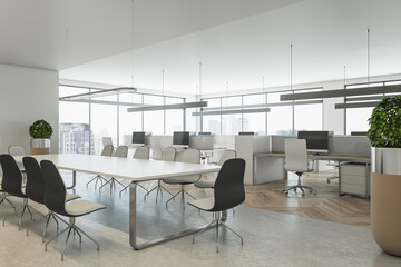 Coworking meeting room interior with window and city view, daylight, furniture and equipment. Design concept. 3D Rendering.