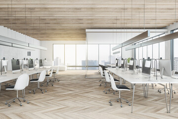Bright wooden coworking meeting room interior with daylight, furniture and equipment. Design concept. 3D Rendering.
