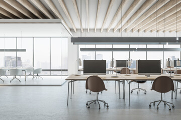 Spacious wooden coworking meeting room interior with window and city view, daylight, furniture and equipment. Design concept. 3D Rendering.