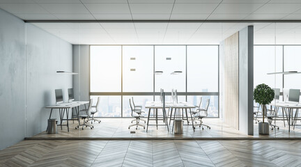 Sunny modern style office with wooden parquet, glossy white tables, eco decoration on light wall and huge window with city view