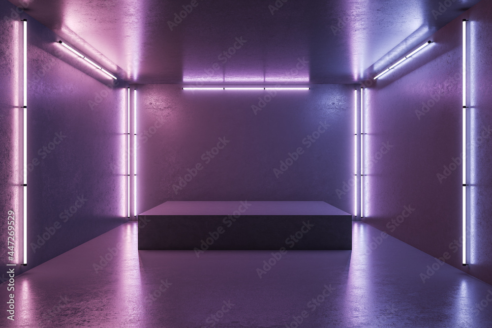 Poster Modern empty dark presentation room with podium in the center and illuminated by neon lamps. 3D rendering, mock up
