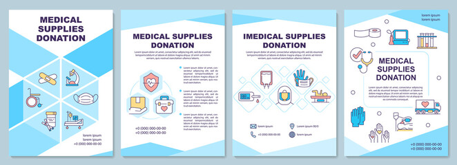 Fototapeta na wymiar Medical and imedical supplies donation brochure template. Flyer, booklet, leaflet print, cover design with linear icons. Vector layouts for presentation, annual reports, advertisement pages