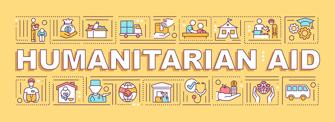 Humanitarian aid word concepts banner. Charity and donation in emergency. Infographics with linear icons on orange background. Isolated creative typography. Vector outline color illustration with text