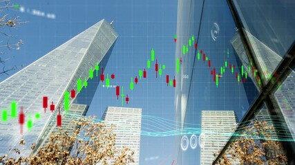 Business and finance investment concept, stock exchange market candlestick finance graph chart analysis graphics user interface, New York city skyscraper building background. - Powered by Adobe