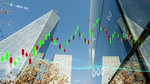 Business and finance investment concept, stock exchange market candlestick finance graph chart analysis graphics user interface, New York city skyscraper building background.