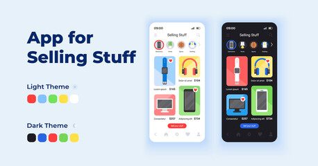 App for selling stuff cartoon smartphone interface vector templates set. Mobile app screen page day and dark mode design. Marketplace platform UI for application. Phone display with flat character