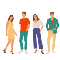 Obraz premium Set of young men and women, different colors, cartoon character, group of silhouettes of standing business people, students, the design concept of flat icon, isolated on white background