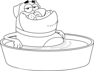 Outlined Funny Bulldog Cartoon Character Bathing In A Tub Water. Vector Hand Drawn Illustration Isolated On Transparent Background