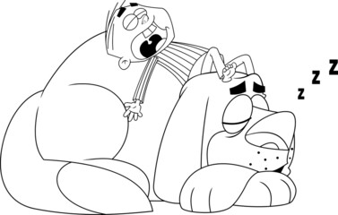 Outlined Little Boy Sleeping With The Pet Dog Cartoon Characters. Vector Hand Drawn Illustration Isolated On Transparent Background