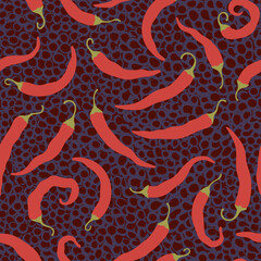 Fototapeta premium Peppers on a dark red background. Seamless background