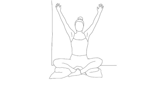 yoga, easy pose to wall with V arms, sukhasana pose variation, scoliosis practice