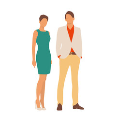  Set of young man and woman, different colors, cartoon character, couple of silhouettes of standing business people, students, the design concept of flat icon, isolated on white background